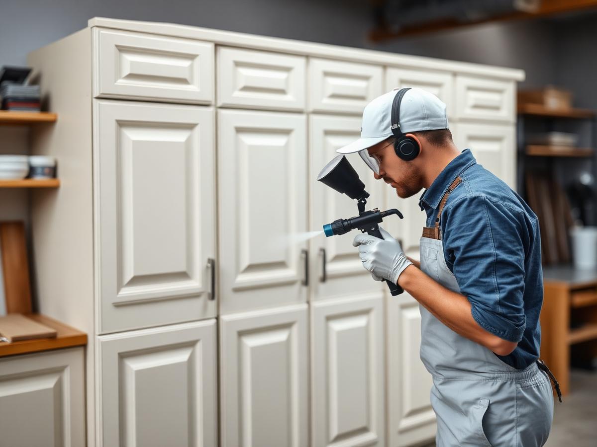 Professional spray painting of cabinetry for a fine even finish