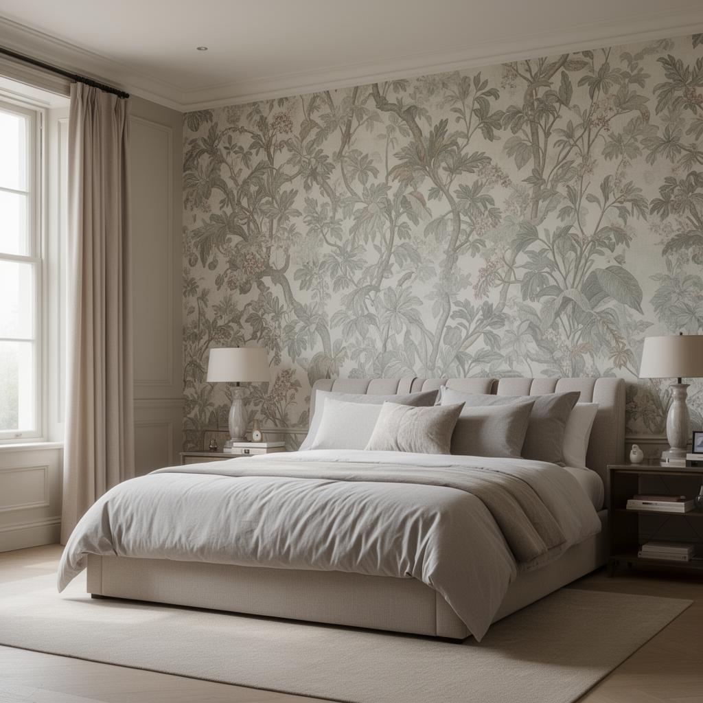 Designer botanical wallpaper feature wall in an elegant bedroom